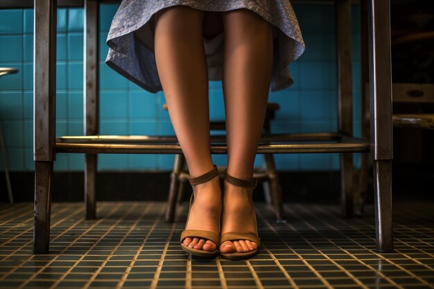 Photo female woman legs and feets under the table in a restaurant