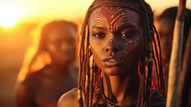 Foto donne femminili dall'africa con cosmetici per il trucco di tatuaggi culturali e arma di lancia in pietra di legno