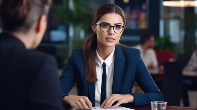 Photo female worker applies for a job interview