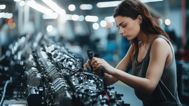 Photo female worker assembling engines on a vehicle assembly line in the automotive industr