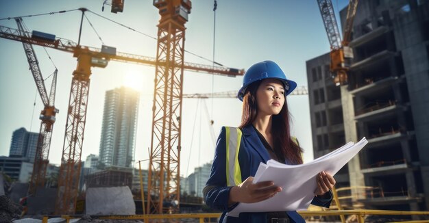 写真 建設中の摩天楼の頂上で働く女性