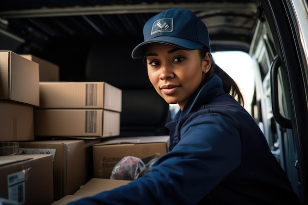 青い帽子をかぶった女性労働者がバンに箱を積み込んでいる