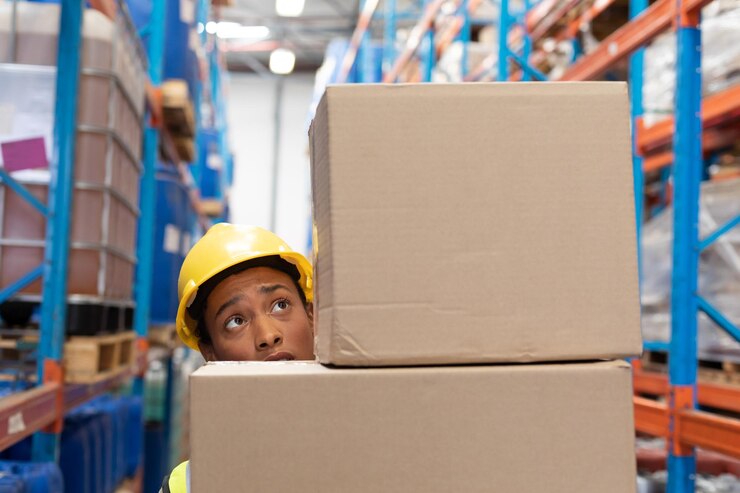 Female worker carrying cardboard boxes in warehouse