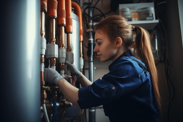 female worker fitting heating system in building