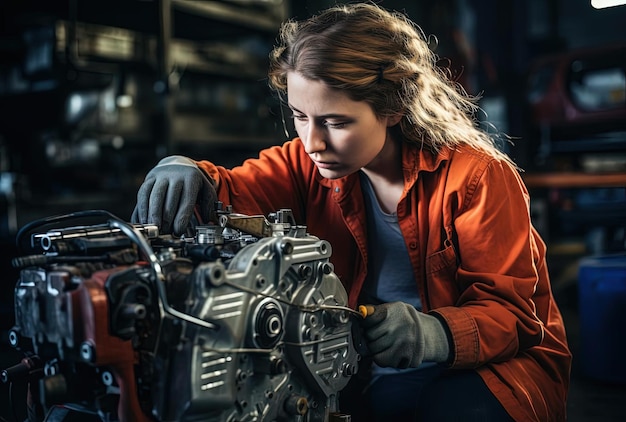 a female worker fixing the part on the engine of a car in the style of industrial photography