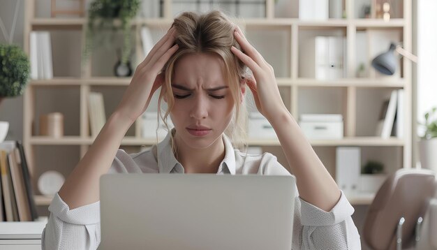 Photo female worker has pain in her head on white office background