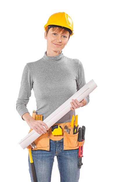 Female worker holding big blueprint isolated