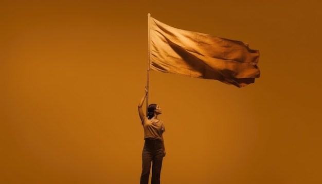 Photo female worker holding flag