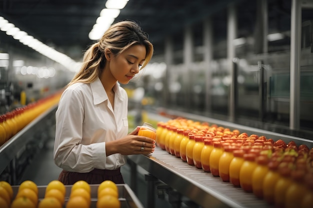 Female worker inspects bottled fruit juice on beverage factory conveyor belt for quality control