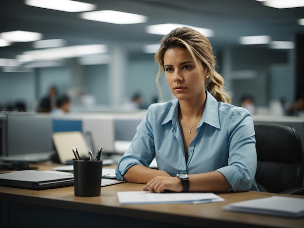 a female worker looks stressed at her deskblue monday AI generated