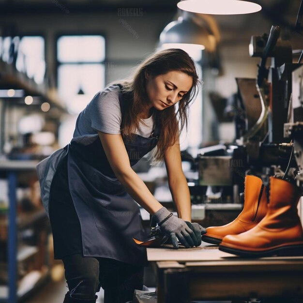 female worker making new boots standing at a table in shoe factory workshop serious young woman in