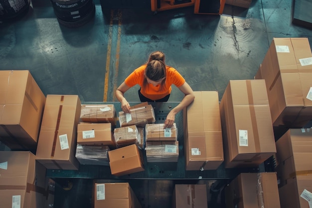 Female worker packing ecommerce order for shipping