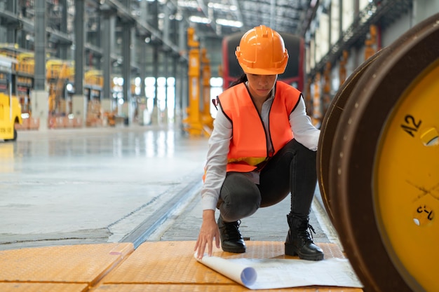 Female worker in safety vest and hardhat sitting on floor in a skytrain repair station