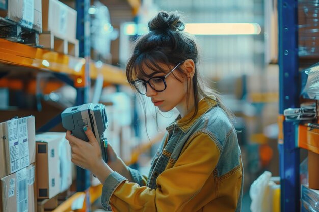 Photo female worker scans parcels in online store warehouse