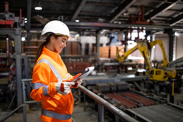 Female worker standing in factory and controlling production