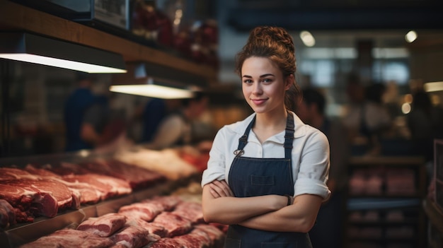 a female worker standing in front of a shelf with raw meat Butcher working in a modern butcher shop