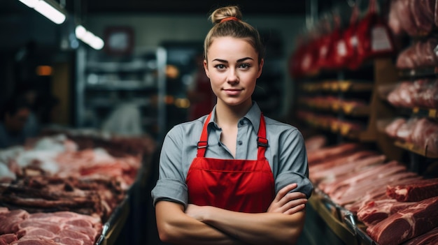 a female worker standing in front of a shelf with raw meat Butcher working in a modern butcher shop