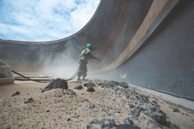 Female worker surface corrosion plate preparation by sand blasting of tank internal oil