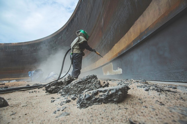 Female worker surface corrosion plate preparation by sand blasting of tank internal oil