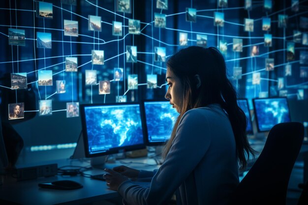 Female worker using computer for collective virtual meeting