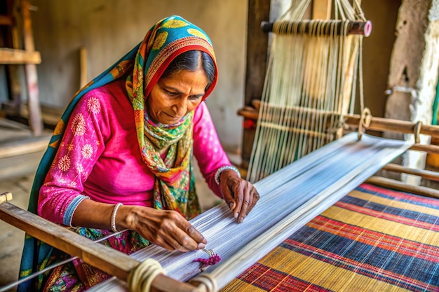 Photo female worker using a foot treadle on a loom