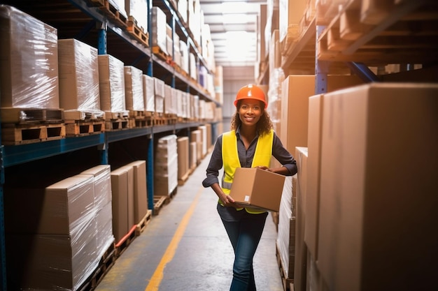 Female worker in a warehouse with a box in her hand