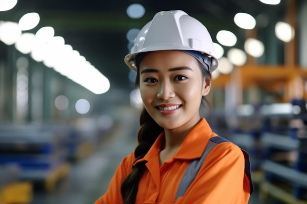 Photo a female worker wearing a hard hat and smiling at the camera.