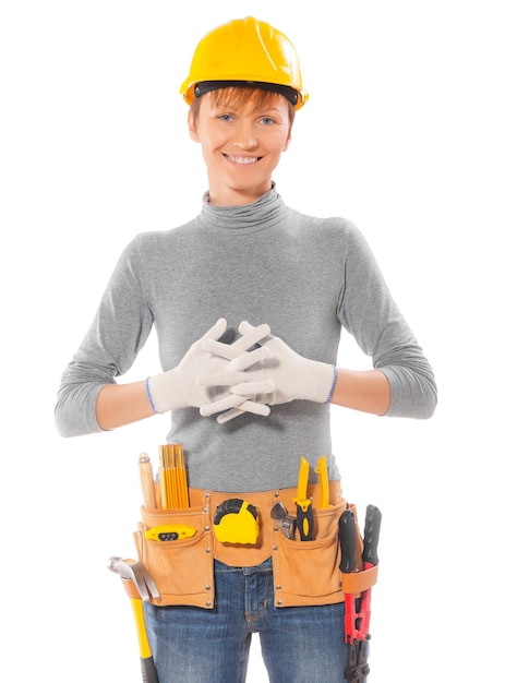 Female worker with crossed hands isolated