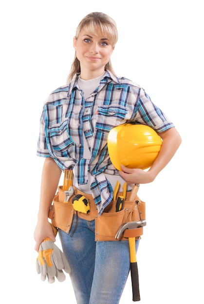 Female worker with tools isolated