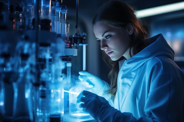 Female worker works with Liquid Nitrogen cryostorage in medical lab generative AI Cryopreservation of sample for vitro fertilization in cryo storage in IVF laboratory