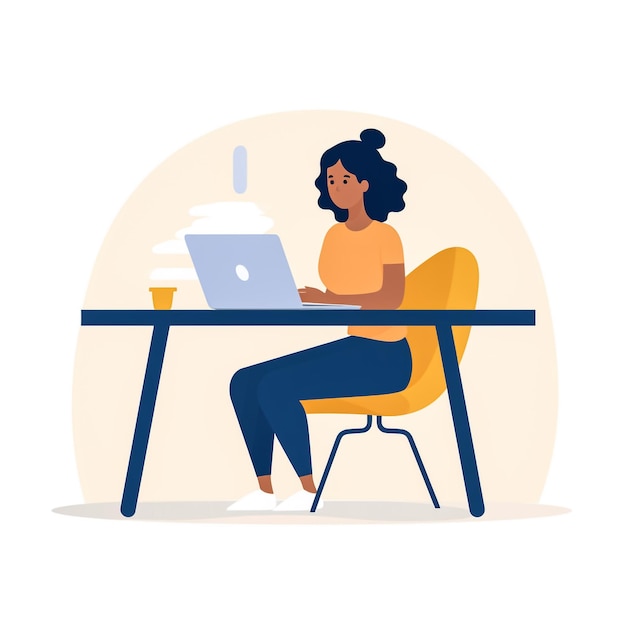 female working in a great office minimalistic fansy style illustration white background