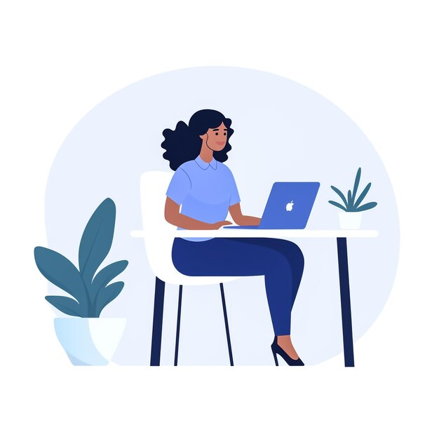 female working in a great office minimalistic fansy style illustration white background