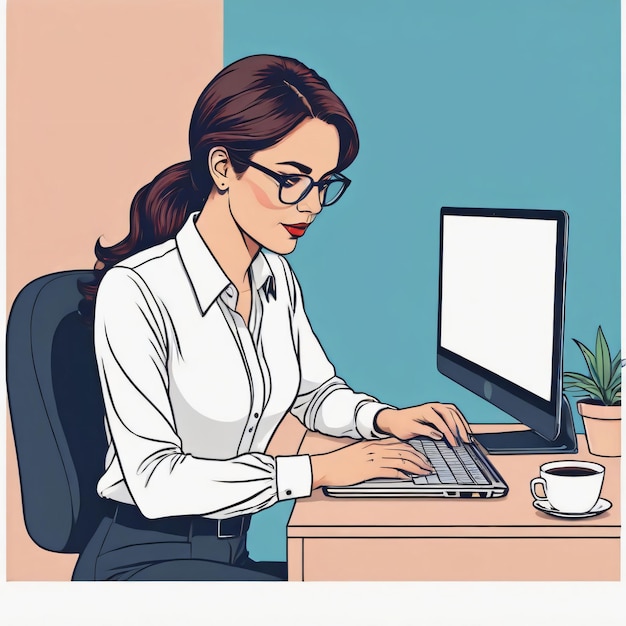 オフィスデスクでラップトップで働く女性カラーの概要イラスト