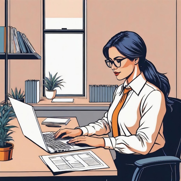 a female working on laptop at the office desk color Outline illustrations