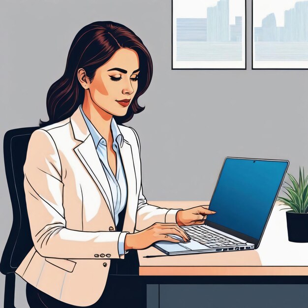 a female working on laptop at the office desk color Outline illustrations