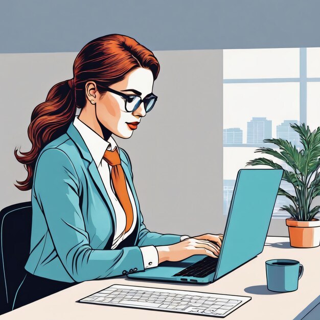 a female working on laptop at the office desk color Outline illustrations