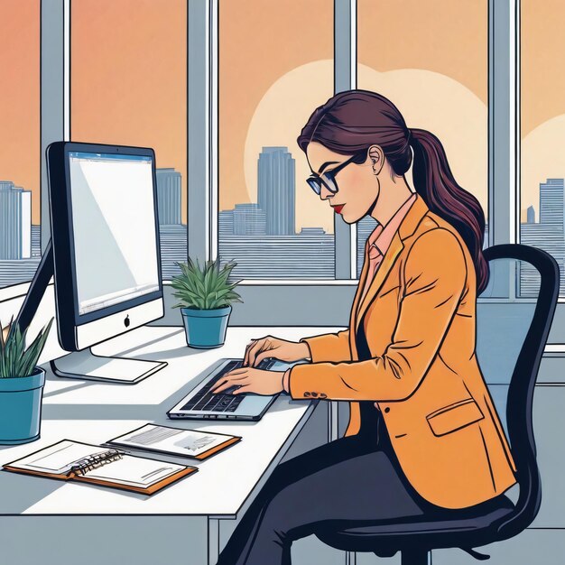 a female working on laptop at the office desk color Outline illustrations