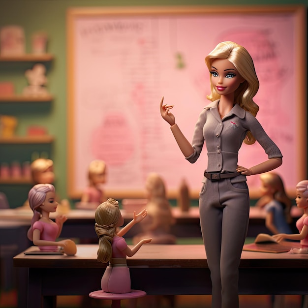 Фото Молодая учительница куклы барби в современной одежде у доски показывает что-то
