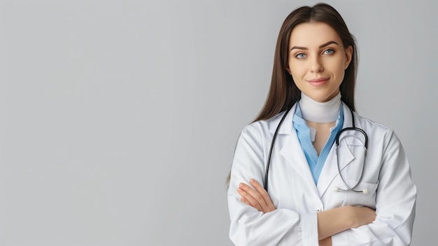 A female young European doctor wear white coat on white background