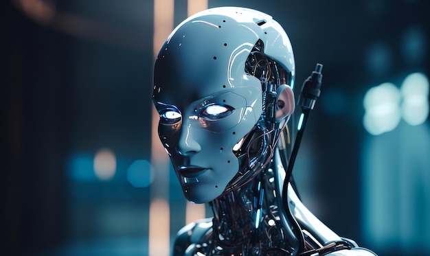 눈에 네온 불빛이 있는 여성스러운 로봇 머리에서 분리된 세부 사항이 있는 일부 와이어 클로즈업 흐린 배경 Generative AI