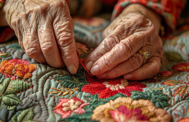 a females hands are putting stitches at an open patch of fabric