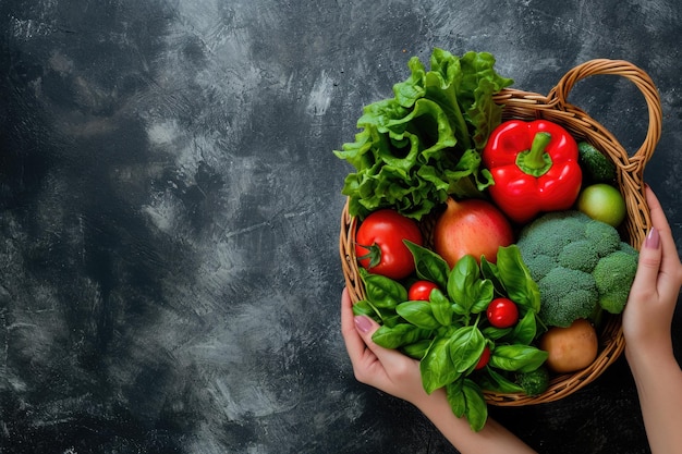 females hands holding a basket with vegetables on dark table top view with copy space