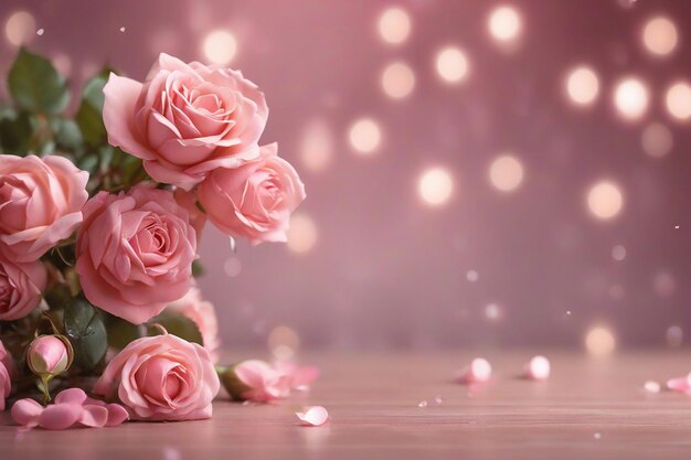 보케색 배경에 분홍색 장미와 잎자루를 가진 여성 발 어머니의 날 결혼식
