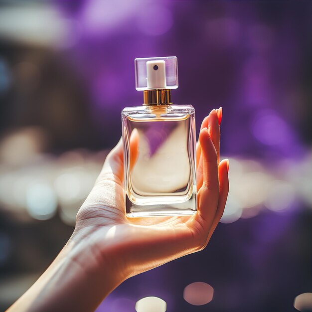 feminine hand holding a bottle of square perfume