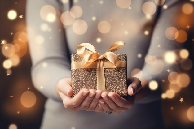 Feminine Hands Holding Gift Box with Holiday Background Generative Ai