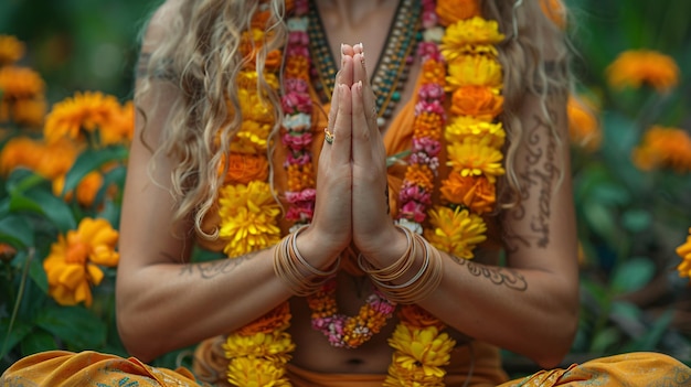 Foto mani femminili in una postura mudra che rappresenta la preghiera e l'apprezzamento