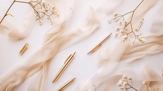 Photo feminine home office workspace mockup with branches golden pen clips and beige ribbo generative ai