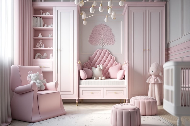 Feminine nursery childrens room with pink furniture in modern child room created with generative ai