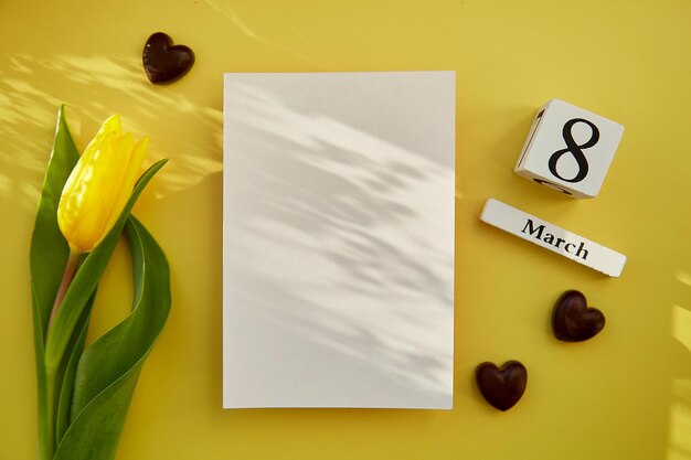 Feminine post card mock up with trendy shadows chocolate hearts text 8 of March with yellow tulip Women39s Day concept Mockup postcard Copy space