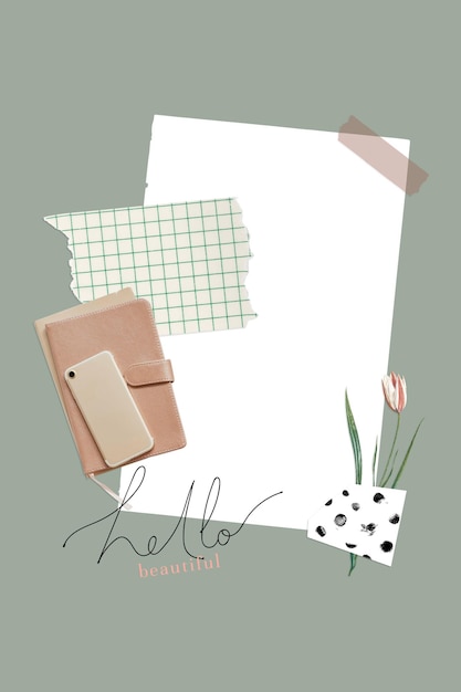 Feminine scrapbook collage on a sage green background